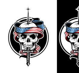 illustration of skull head with American flag, guns and red roses