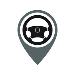 Steering wheel сar with map pointer graphic icon. Rent a car sign isolated on white background. Symbol of car sharing. Vector illustration