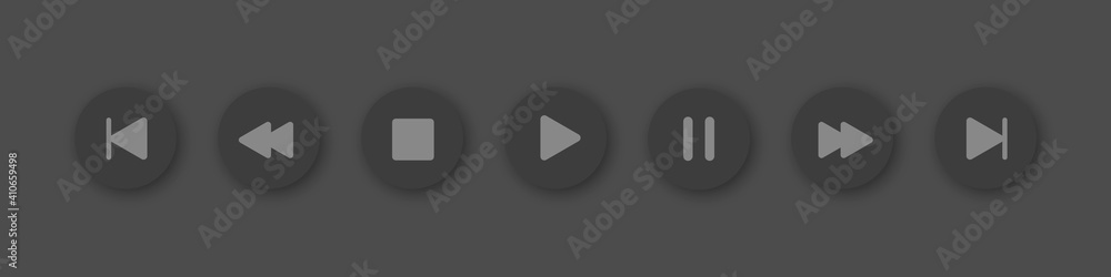 Poster player buttons set. gray buttons with realistic shadow on a dark background. player vector buttons. 