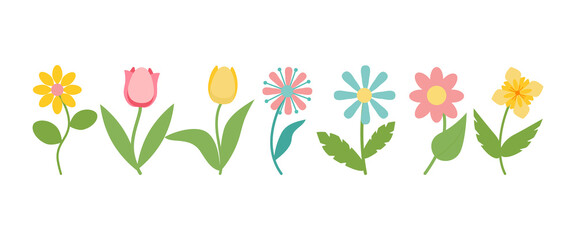 Set of cute flowers in pastel colors, isolated on white background. Cartoon style. Suitable for greeting cards, textiles, holiday printing. Vector illustration
