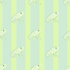 Childish animal seamless pattern with contoured frog ornament. Pastel blue and green background.