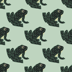 Black contoured frog silhouettes seamless pattern in doodle kids style. Light pastel blue background.