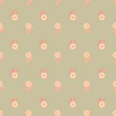 Pastel tones seamless pattern with pink little sunflower elements. Grey background. Floral ornament.