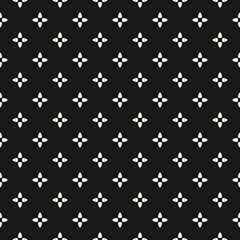 Fototapeta na wymiar Simple abstract floral seamless pattern in Gothic style. Black and white vector texture with small flower silhouettes, crosses. Elegant minimal monochrome background. Dark repeated decorative design