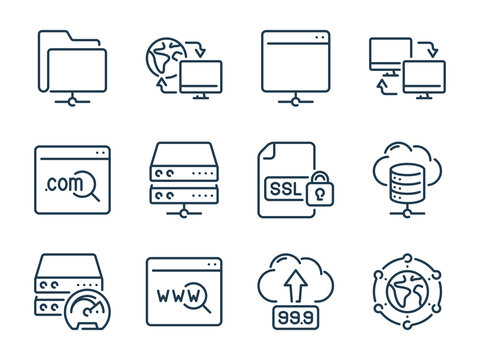 Hosting, Data Server And Network Storage Related Vector Line Icons. Host Infrastructure And Database Outline Icon Set.