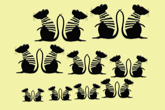 Coppie di topolini in fila con sfondo giallo