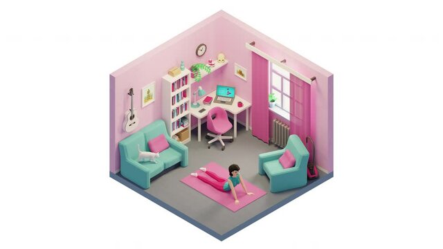 Home yoga - woman doing exercises in her room. Yoga poses. 3d isometric animation.
