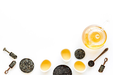 Flat lay of dry tea leaves in bowls and spoons. Tea concept. Top view