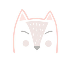 Cute fox head in Scandinavian cartoon style, kids graphic. Vector hand drawn illustration isolated on white