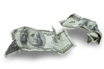 Money crushed one hundred dollar bills isolated on white background with clipping path