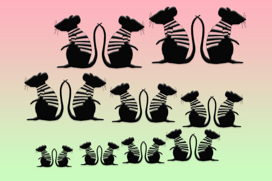 Coppie di topolini in fila e appaiati con sfondo rosa