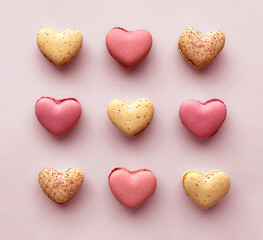 Valentine's Day Background with Macarons in a Row on Light Pink Background, Valentine Love Macaron Cookies Dessert Pattern, French Macarons Background Shot from Directly Above