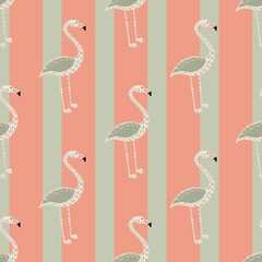 Pastel tones seamless pattern with simple grey colored flamingo ornament. Pink striped background.