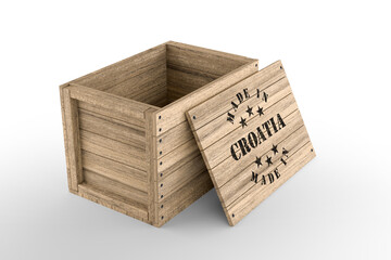Large wooden crate with Made in Croatia text on white background. 3D rendering