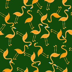 Random seamless pattern with orange flamingo silhouettes ornament. Green bright background. Tropic artwork.