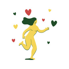 Cartoon vector illustration with a woman surrounded by hearts. Trendy feminine print design for postcard, t-shirt, poster.