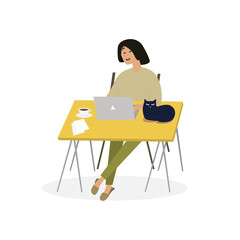 girl sitting at the computer and working vector illustration
