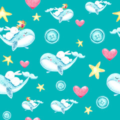 Seamless pattern on the white background. There are flying whales, bunnies, buttons, hearts and stars