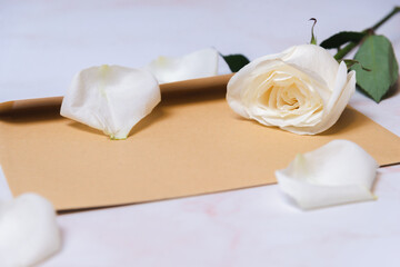 the rose lies on a paper envelope as a background. valentine's day celebration and eighth march concept