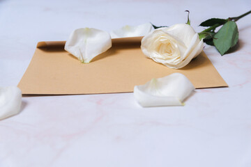 the rose lies on a paper envelope as a background. valentine's day celebration and eighth march concept