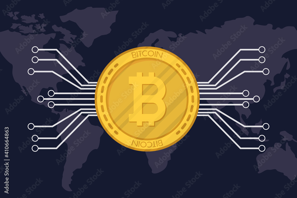 Poster bitcoin with circuit and earth maps crypto currency