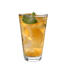 Delicious iced tea in glass on white background