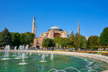 Bright summer day the Sofia mosque view at Sultanahmet square in Istanbul city