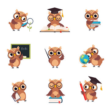 Wise Brown Owl in Various Actions Set, Cute Bird Teacher Cartoon Character Teaching at School Vector Illustration