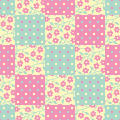 Square patchwork vector repeat pattern. Floral and polka dot illustration background.