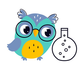 Wise Owl in Glasses, Cute Bird Chemistry Teacher Cartoon Character Vector Illustration