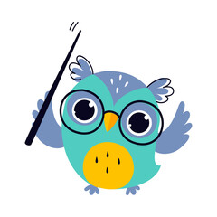 Wise Owl in Glasses Holding Pointer, Cute Bird Teacher Cartoon Character at Lesson Vector Illustration