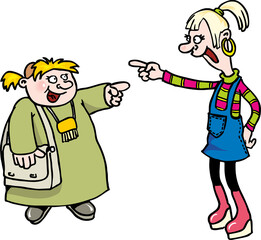 Fat and slender girls point index finger at each other, call names. Hand-drawn teenagers isolated on white background. Flat infographics. Vector illustration in cartoon style.