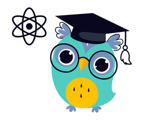 Wise Owl in Graduation Cap, Cute Bird Teacher Cartoon Character Teaching Physics at School Vector Illustration