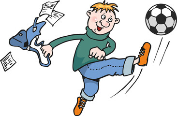 A truant boy kicks a soccer ball. The slacker scattered sheets of paper from the portfolio. Hand-drawn bummer, isolated on white background. Flat infographics. Vector illustration in cartoon style.