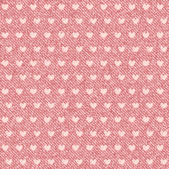 Jeans background with tiny hearts. Denim seamless pattern. Pink jeans cloth.
