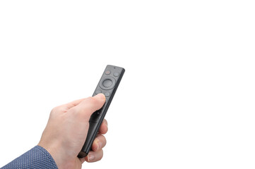 Online media control. man hand with modern remote control isolated on white background. remote control from an online media box in a man's hand