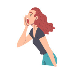 Obraz na płótnie Canvas Woman Character Holding Hand Near Mouth and Shouting or Screaming Loud to the Side Vector Illustration