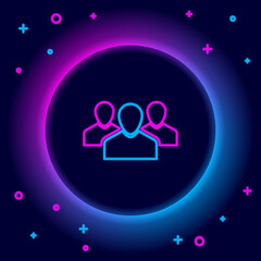 Glowing neon line Users group icon isolated on black background. Group of people icon. Business avatar symbol - users profile icon. Colorful outline concept. Vector.
