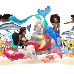 The group of watercolor mermaids with the diverse appearance