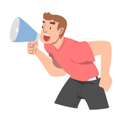Man Character with Megaphone or Loudspeaker Making Announcement and Advertising Something Vector Illustration