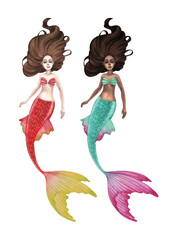 Swimming watercolor mermaids isolated on white background