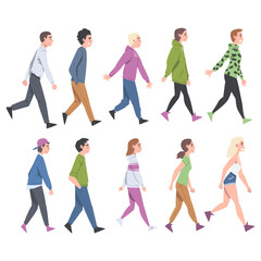 People Characters Going and Walking with Different Gait Side View Vector Illustration Set
