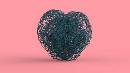 Soft blue love tangled wire heart for 14 february st valentines day holiday gift isolated on pink background  3d rendering image