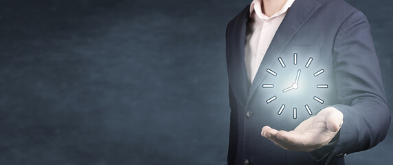 Businessman hold time. Businessman hand holding clock, Business time management and business plans...