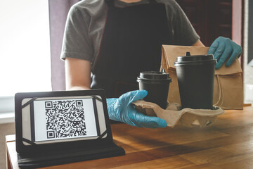 Coronavirus. contactless payment QR code,Quarantine contactless delivery during the covid pandemic. Stay at home online shopping. Food boxes and stamp. Contactless delivery.