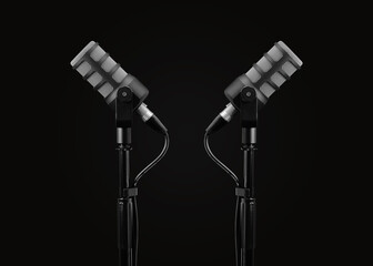 Two Podcast microphones on a tripod, a black metal dynamic microphone, isolated black background,...