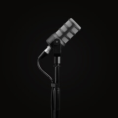 Podcast microphone on a tripod, a black metal dynamic microphone, isolated black background, recording podcast or radio program, show, sound and audio equipment, technology, product photo, side view