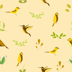 Pattern with cute birds and flowers. Little birds, seamless pattern. Vector illustration.
