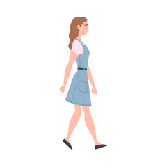 Woman Character in Denim Blue Dress Going or Walking Taking Steps Forward Side View Vector Illustration