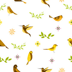 Pattern with cute birds and flowers. Little birds, seamless pattern. Vector illustration.